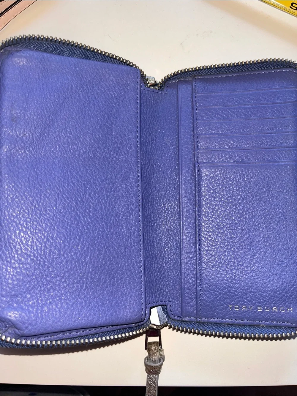 Tory Burch Silver and Navy Zip Around Wallet